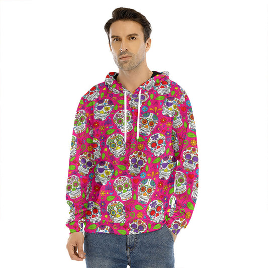 Pink Sugar Skull Pattern Print Men's Velvet Pullover Hoodie