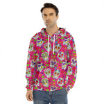 Pink Sugar Skull Pattern Print Men's Velvet Pullover Hoodie