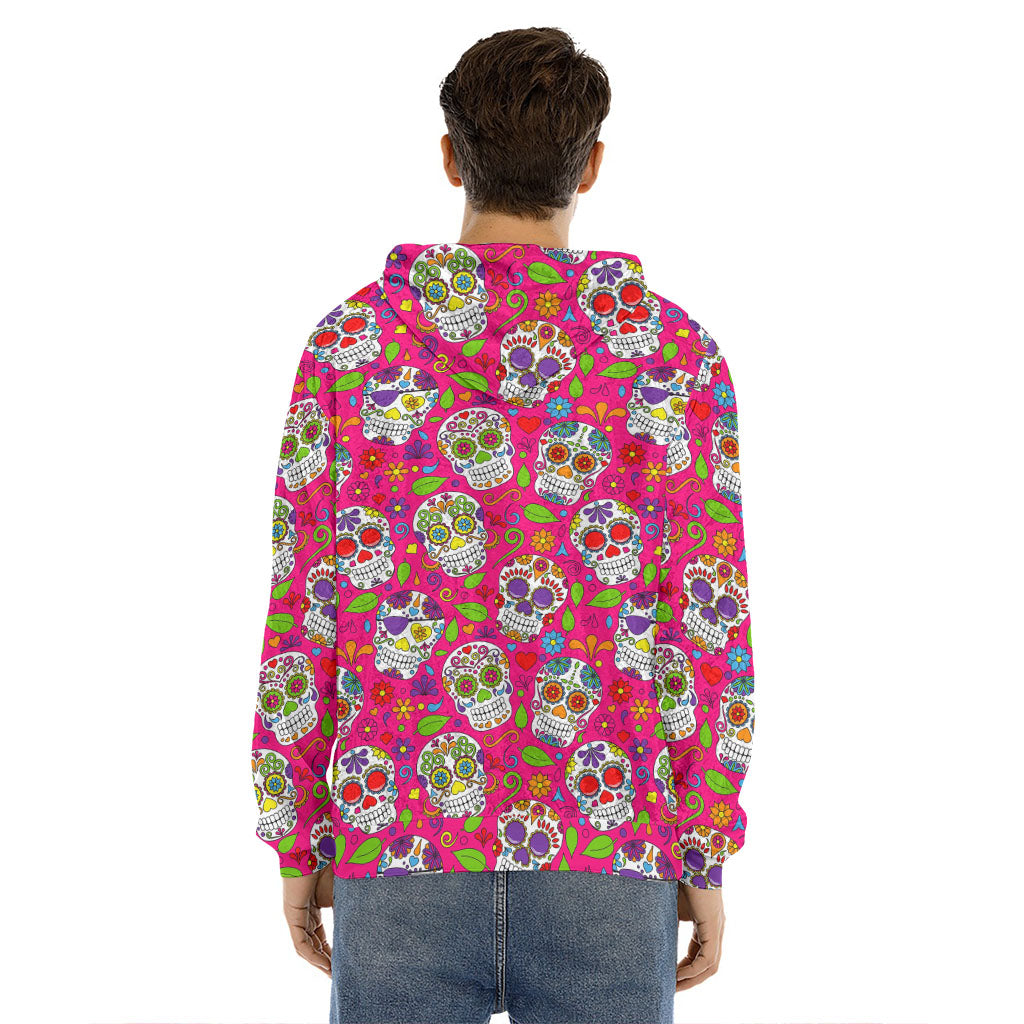 Pink Sugar Skull Pattern Print Men's Velvet Pullover Hoodie