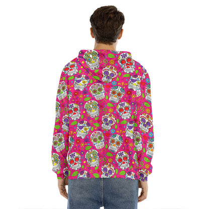 Pink Sugar Skull Pattern Print Men's Velvet Pullover Hoodie