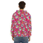 Pink Sugar Skull Pattern Print Men's Velvet Pullover Hoodie