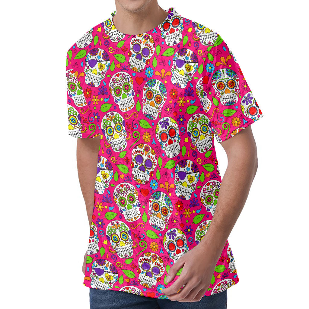 Pink Sugar Skull Pattern Print Men's Velvet T-Shirt