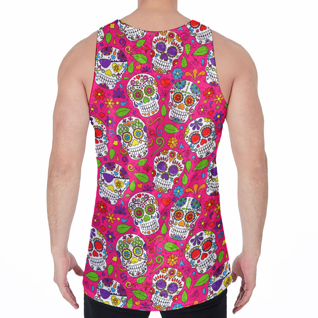 Pink Sugar Skull Pattern Print Men's Velvet Tank Top