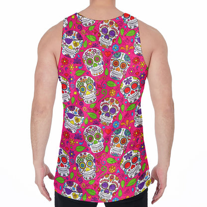 Pink Sugar Skull Pattern Print Men's Velvet Tank Top