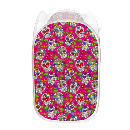 Pink Sugar Skull Pattern Print Mesh Laundry Hamper