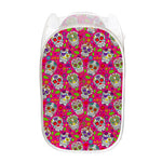 Pink Sugar Skull Pattern Print Mesh Laundry Hamper