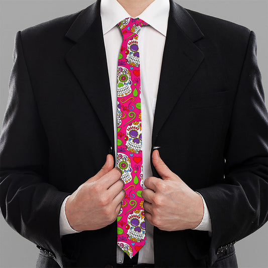 Pink Sugar Skull Pattern Print Necktie