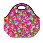 Pink Sugar Skull Pattern Print Neoprene Lunch Bag