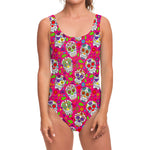 Pink Sugar Skull Pattern Print One Piece Swimsuit