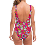 Pink Sugar Skull Pattern Print One Piece Swimsuit