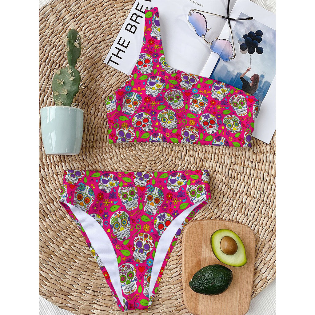 Pink Sugar Skull Pattern Print One Shoulder Bikini Top