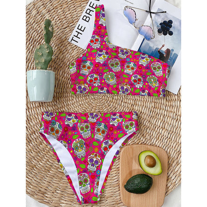 Pink Sugar Skull Pattern Print One Shoulder Bikini Top