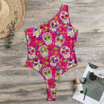 Pink Sugar Skull Pattern Print One Shoulder Bodysuit