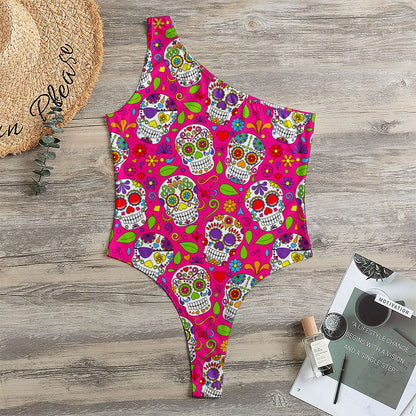 Pink Sugar Skull Pattern Print One Shoulder Bodysuit