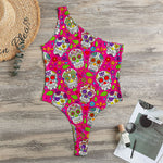 Pink Sugar Skull Pattern Print One Shoulder Bodysuit