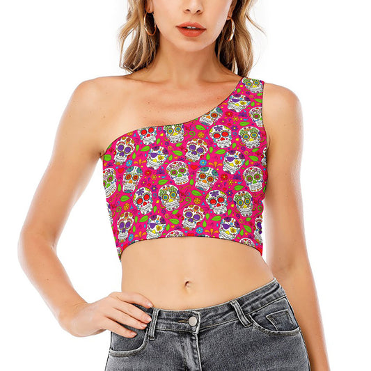 Pink Sugar Skull Pattern Print One Shoulder Crop Top