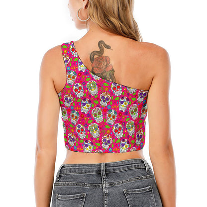 Pink Sugar Skull Pattern Print One Shoulder Crop Top