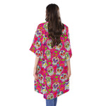 Pink Sugar Skull Pattern Print Open Front Beach Cover Up