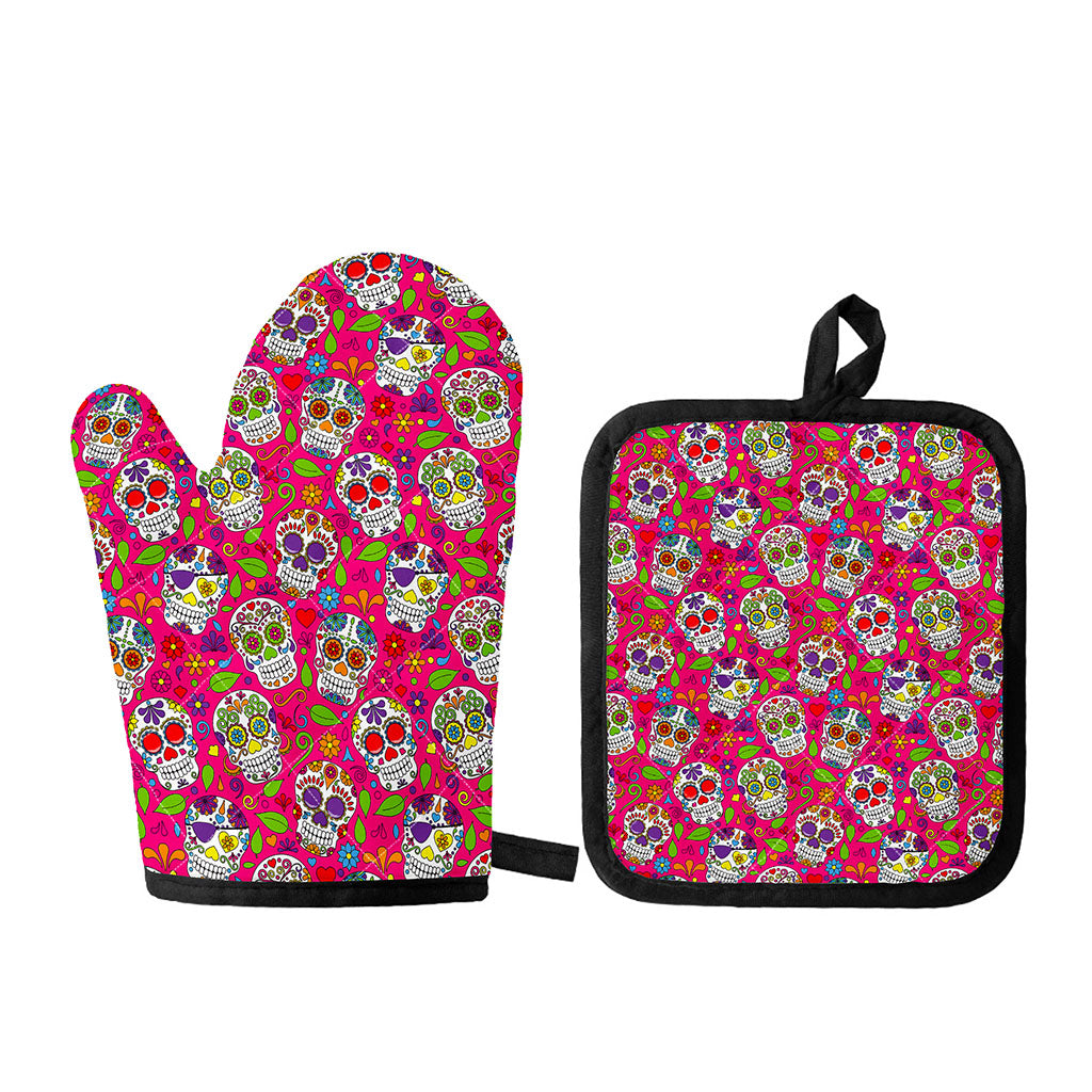 Pink Sugar Skull Pattern Print Oven Mitt And Pot Holder Set