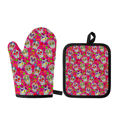 Pink Sugar Skull Pattern Print Oven Mitt And Pot Holder Set