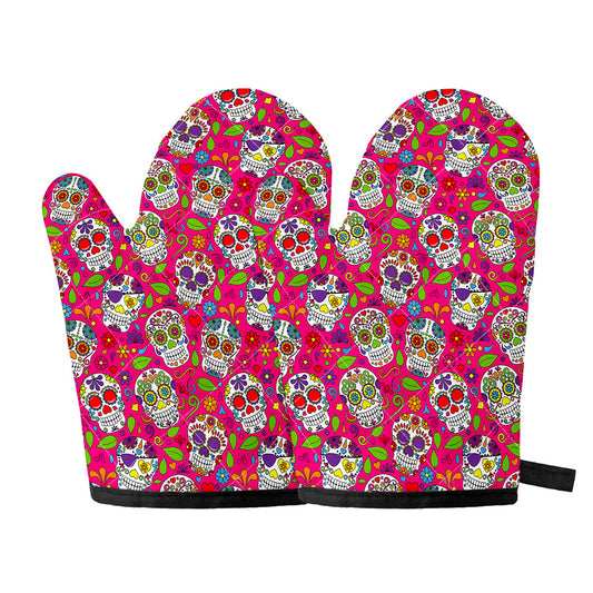 Pink Sugar Skull Pattern Print Oven Mitts