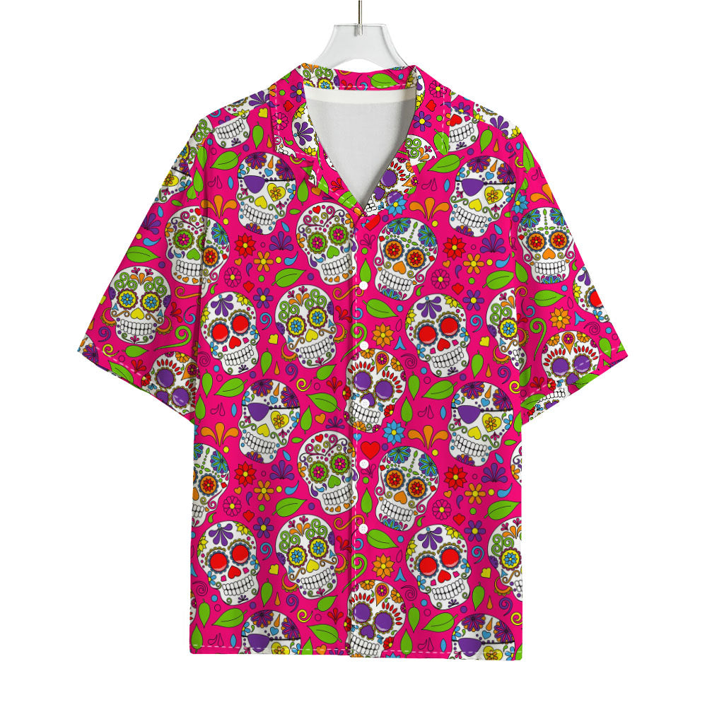 Pink Sugar Skull Pattern Print Rayon Hawaiian Shirt
