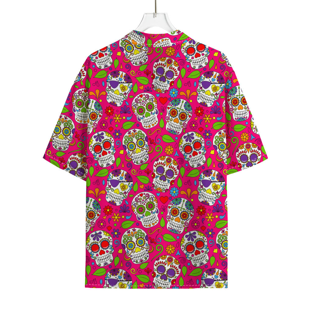 Pink Sugar Skull Pattern Print Rayon Hawaiian Shirt