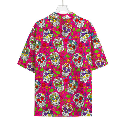 Pink Sugar Skull Pattern Print Rayon Hawaiian Shirt
