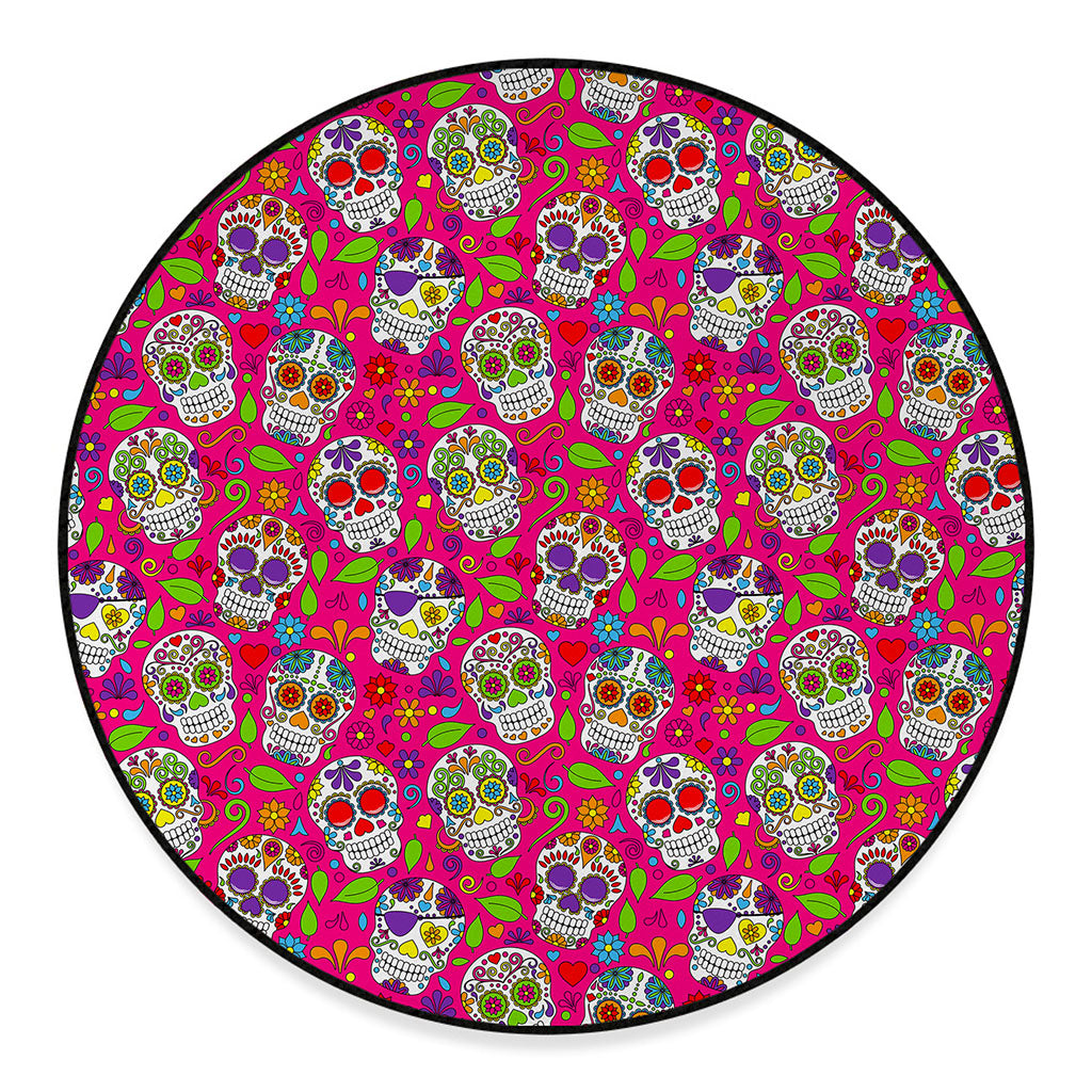 Pink Sugar Skull Pattern Print Round Floor Mat