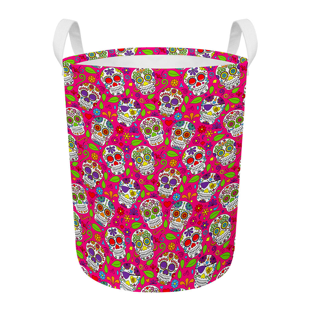Pink Sugar Skull Pattern Print Round Laundry Basket