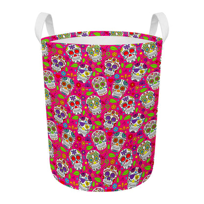 Pink Sugar Skull Pattern Print Round Laundry Basket