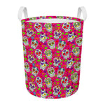 Pink Sugar Skull Pattern Print Round Laundry Basket