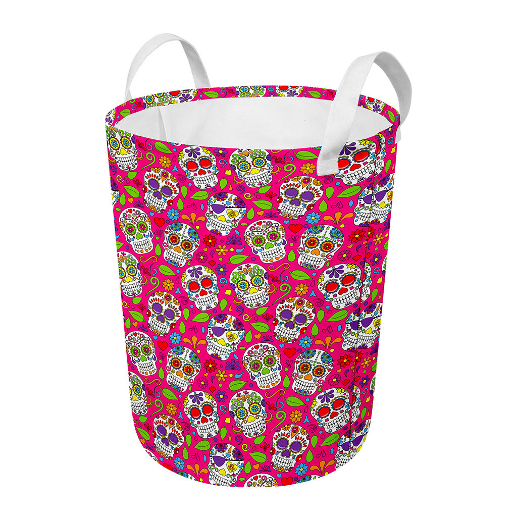 Pink Sugar Skull Pattern Print Round Laundry Basket