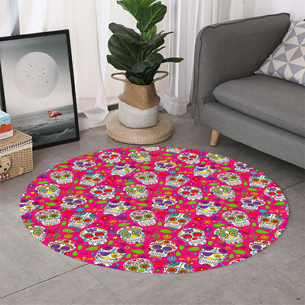 Pink Sugar Skull Pattern Print Round Rug