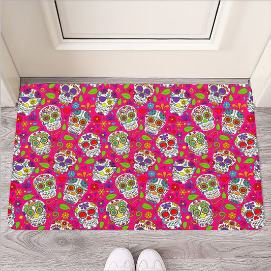 Pink Sugar Skull Pattern Print Rubber Doormat