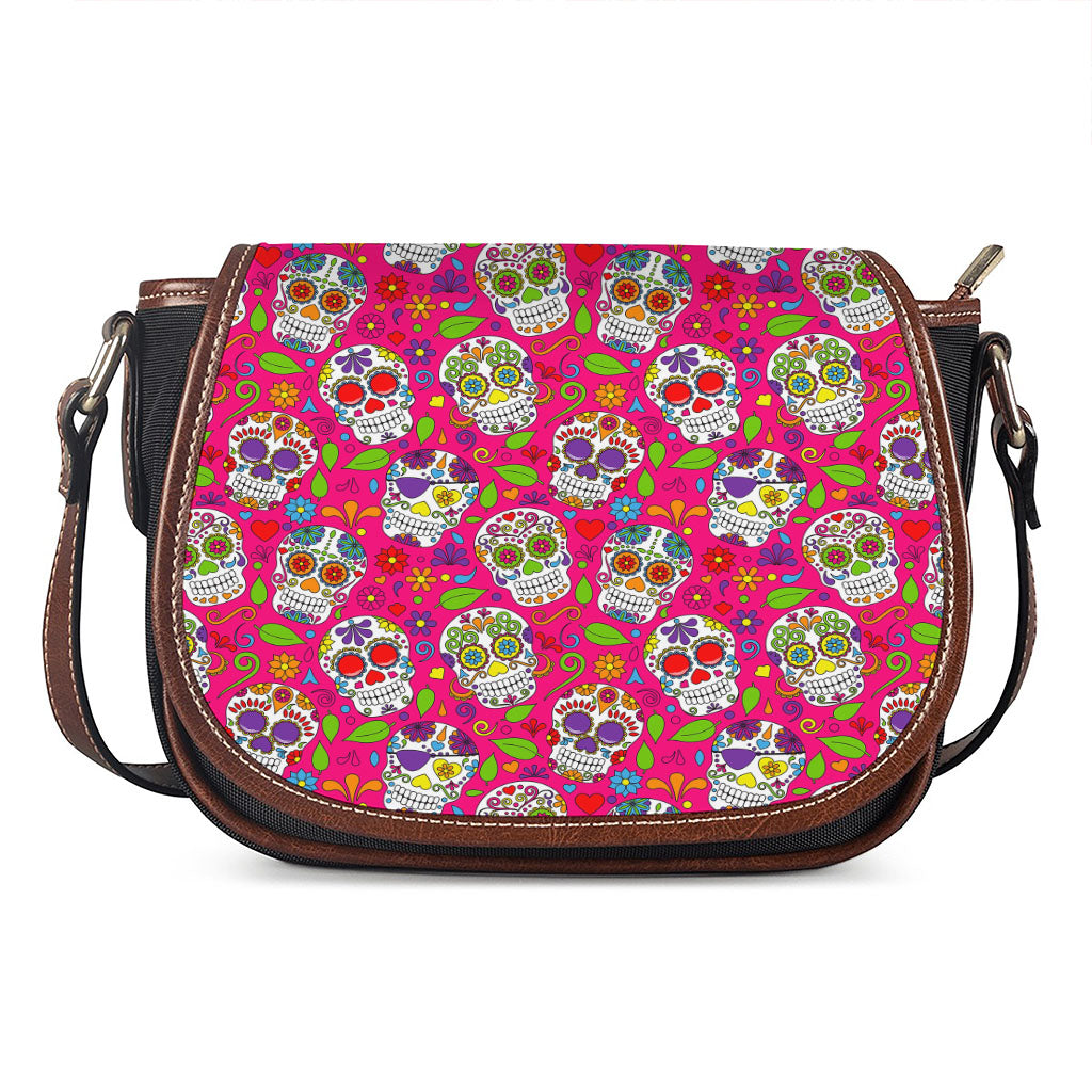Pink Sugar Skull Pattern Print Saddle Bag