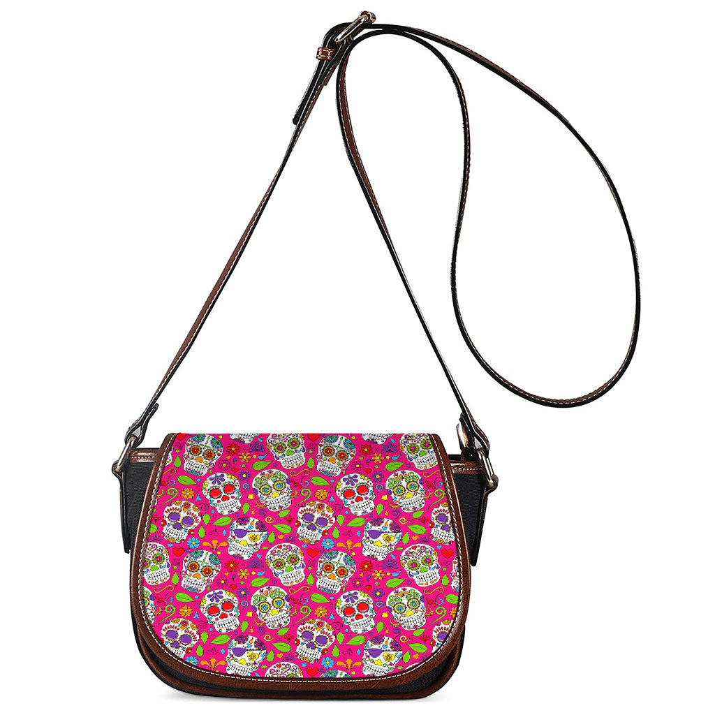 Pink Sugar Skull Pattern Print Saddle Bag