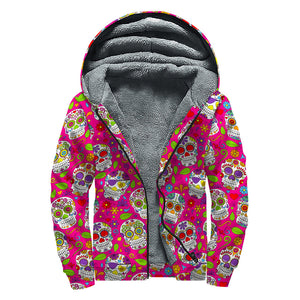 Pink Sugar Skull Pattern Print Sherpa Lined Zip Up Hoodie