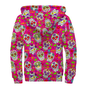 Pink Sugar Skull Pattern Print Sherpa Lined Zip Up Hoodie