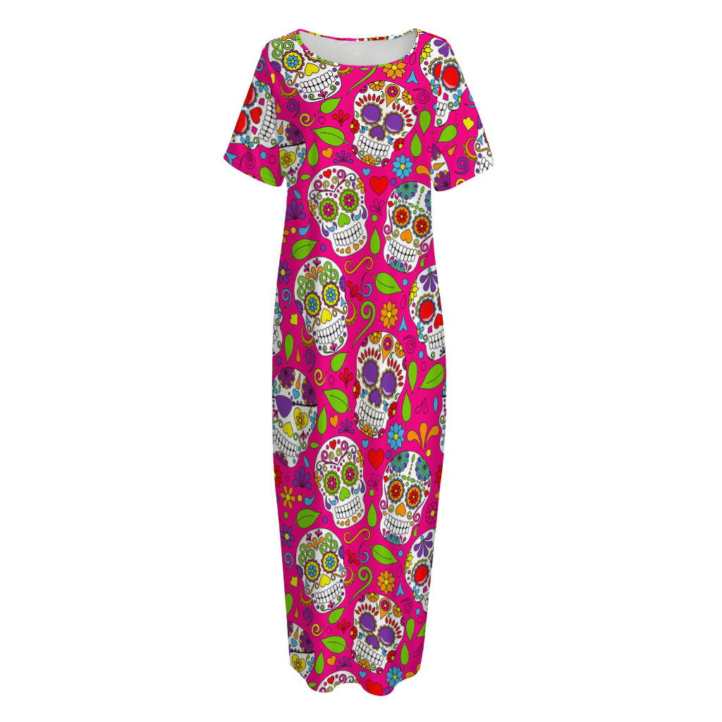 Pink Sugar Skull Pattern Print Short Sleeve Long Nightdress