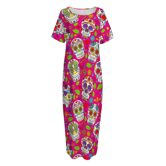 Pink Sugar Skull Pattern Print Short Sleeve Long Nightdress