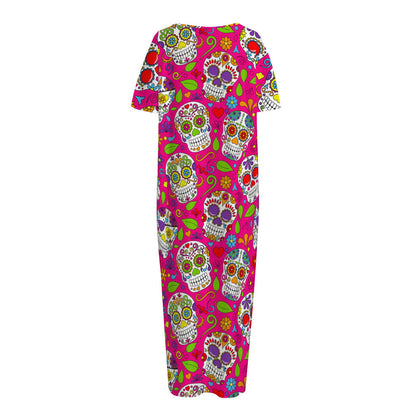 Pink Sugar Skull Pattern Print Short Sleeve Long Nightdress
