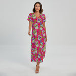 Pink Sugar Skull Pattern Print Short Sleeve Maxi Dress