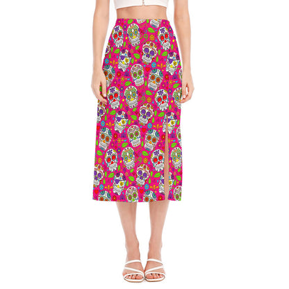 Pink Sugar Skull Pattern Print Side Slit Midi Skirt