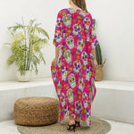 Pink Sugar Skull Pattern Print Silk V-Neck Kaftan Dress