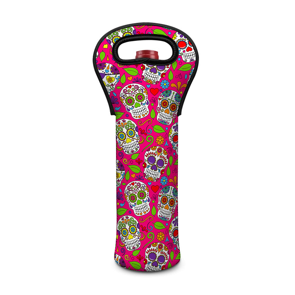 Pink Sugar Skull Pattern Print Single Neoprene Wine Tote