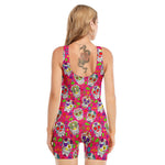 Pink Sugar Skull Pattern Print Sleeveless One Piece Swimsuit