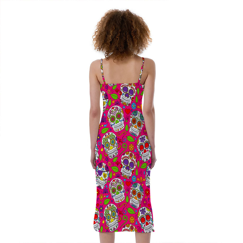 Pink Sugar Skull Pattern Print Slim Fit Midi Cami Dress