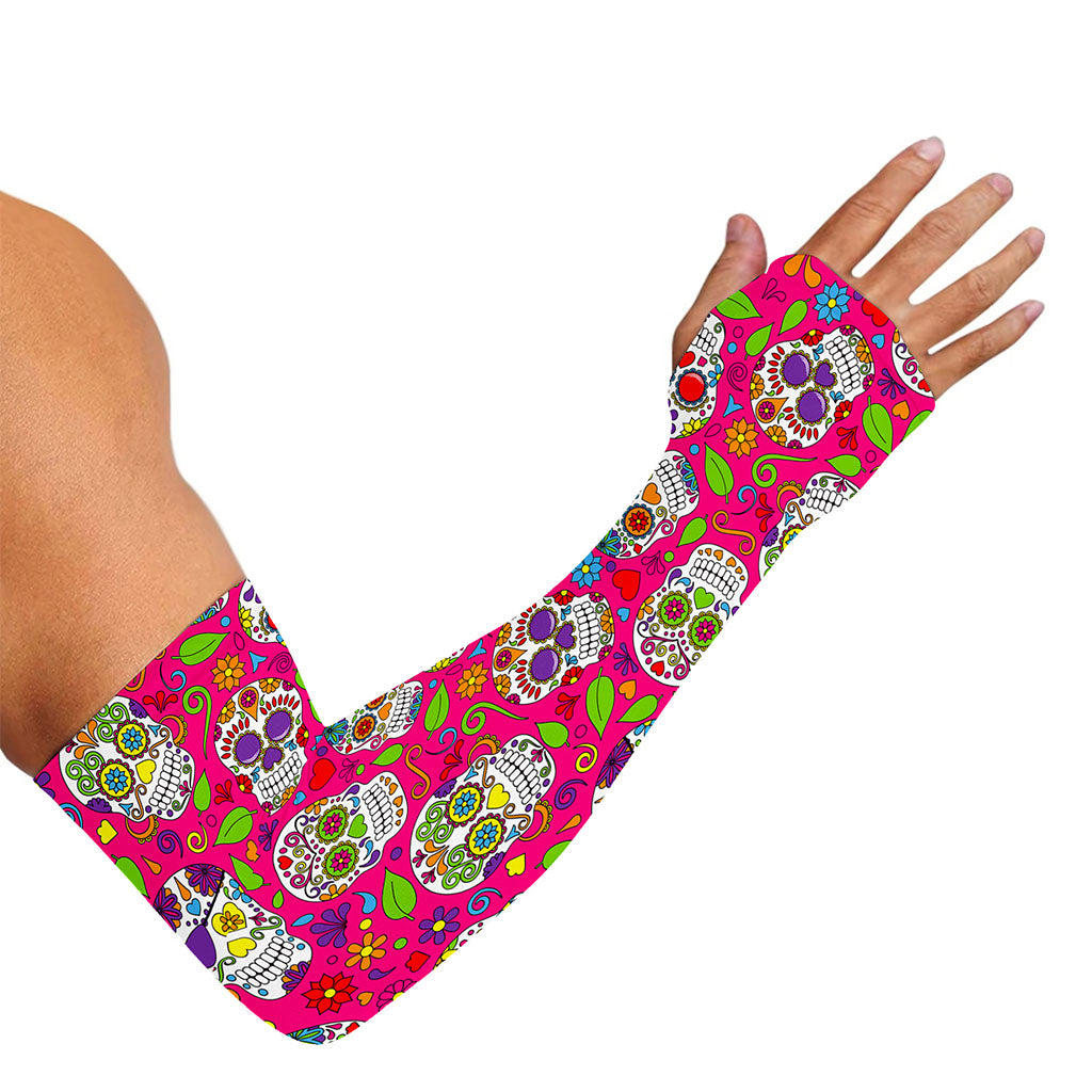 Pink Sugar Skull Pattern Print Sun Protection Arm Sleeves