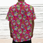Pink Sugar Skull Pattern Print Textured Short Sleeve Shirt